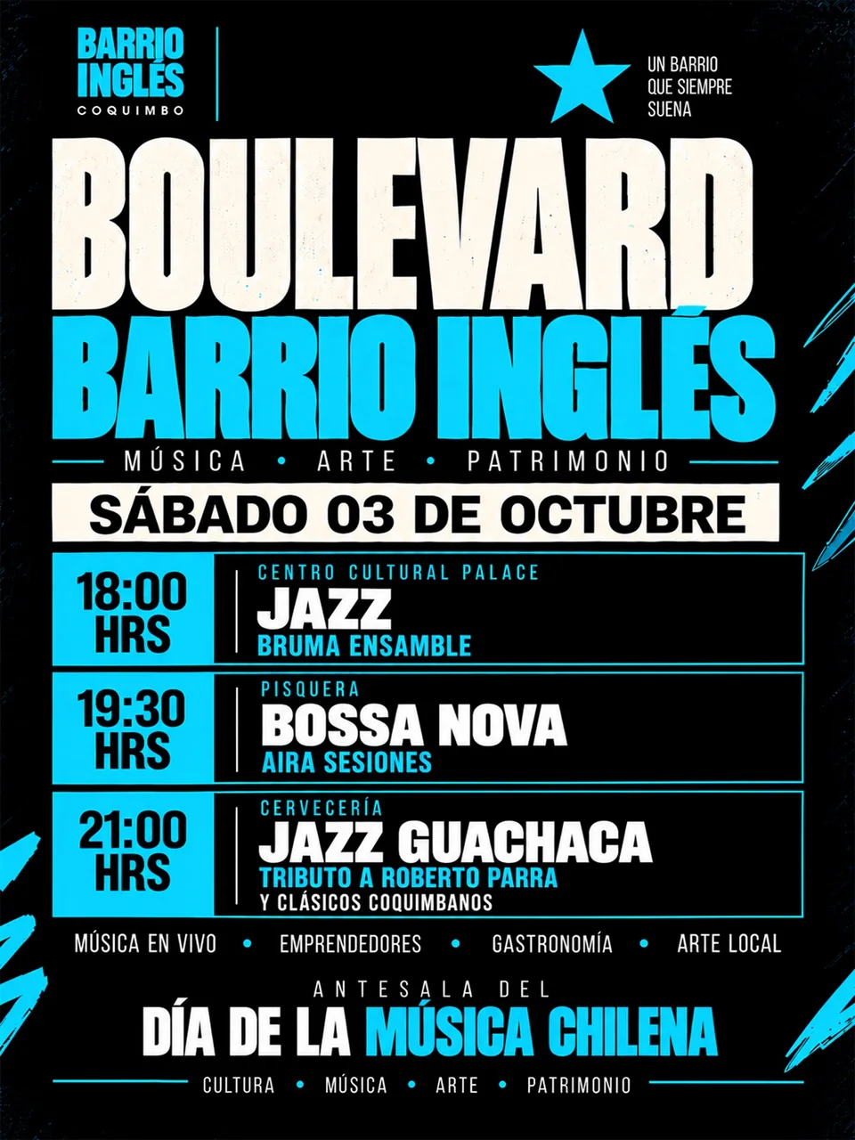 Afiche de Boulevard Barrio Inglés · Antesala del Día de la Música Chilena