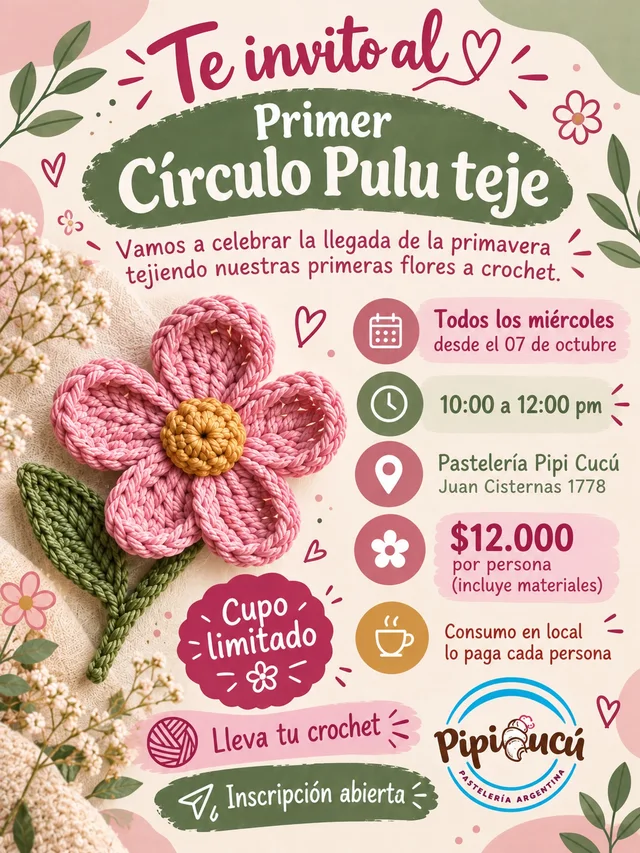 Afiche: Círculo Pulu Teje · flores a crochet