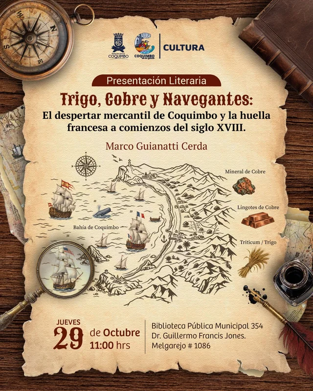 Afiche: Trigo, cobre y navegantes · presentación literaria