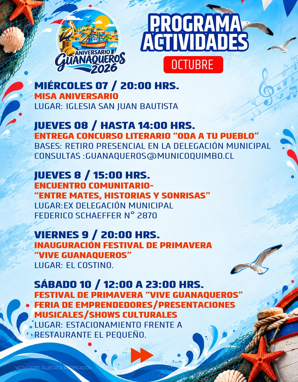 Portada del programa del 91° aniversario de Guanaqueros, octubre de 2026.