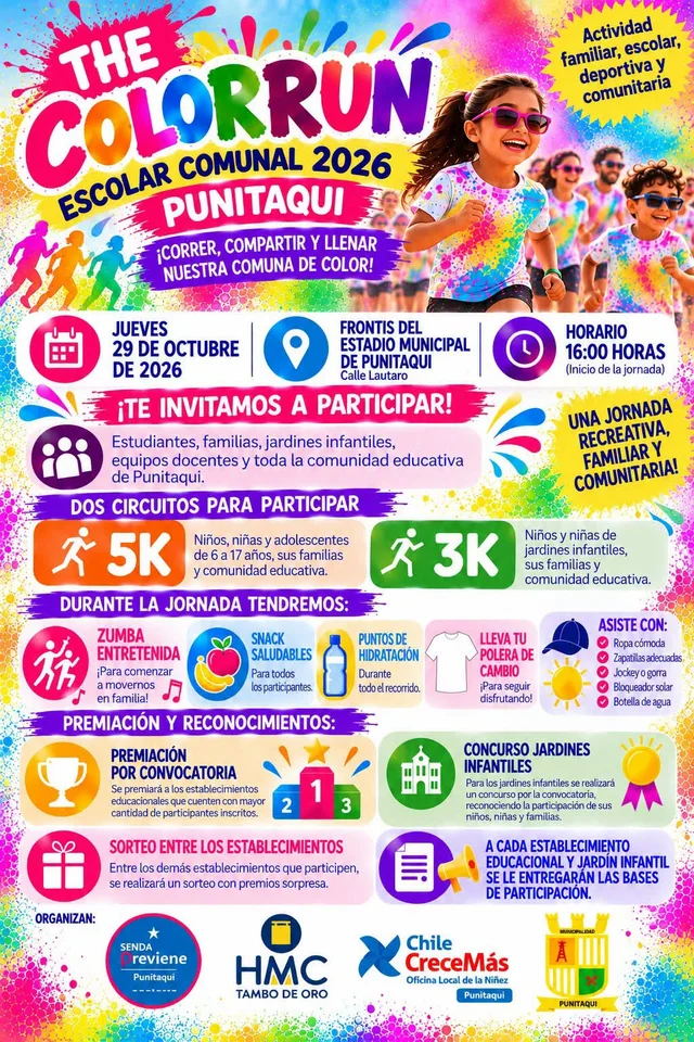 Afiche: The Color Run escolar comunal · Punitaqui