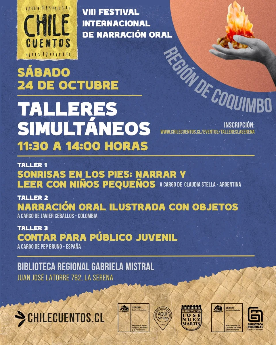 Afiche de ChileCuentos · talleres y maratón de cuentos