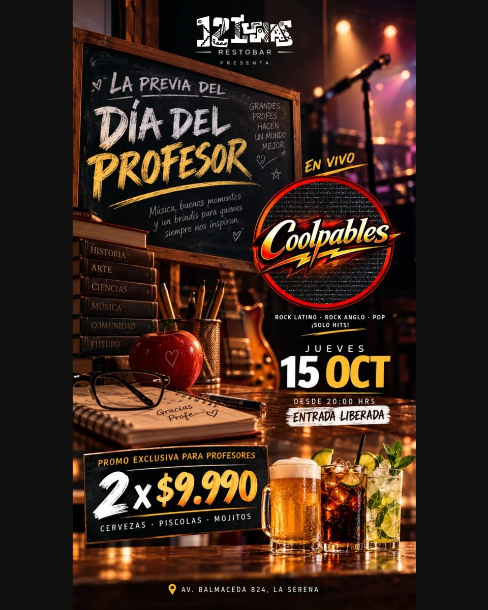 Afiche de La previa del Día del Profesor · Coolpables en 12 Lunas