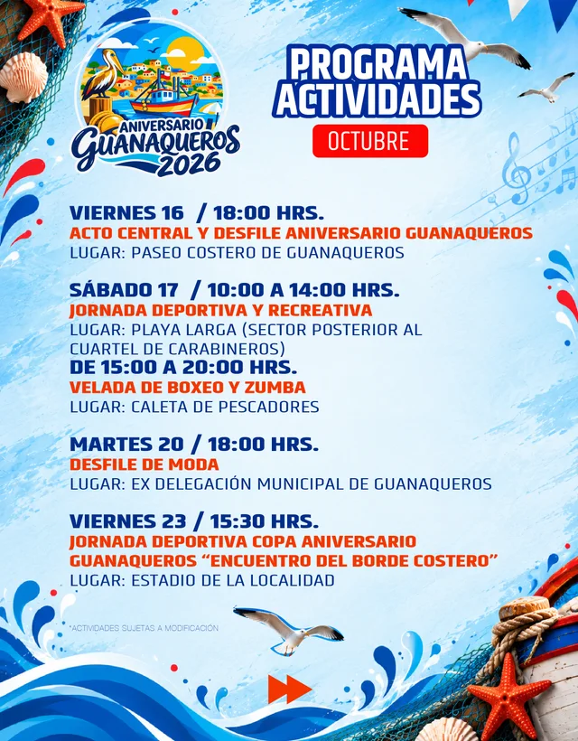 Afiche de Acto central y desfile · Aniversario de Guanaqueros