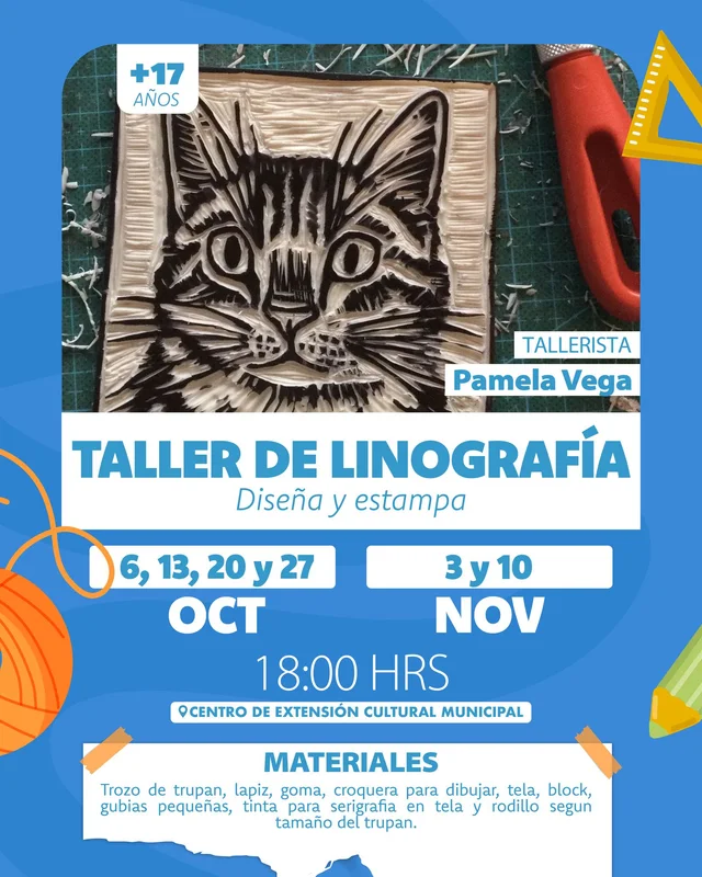 Afiche: Taller de linografía · Diseña y estampa