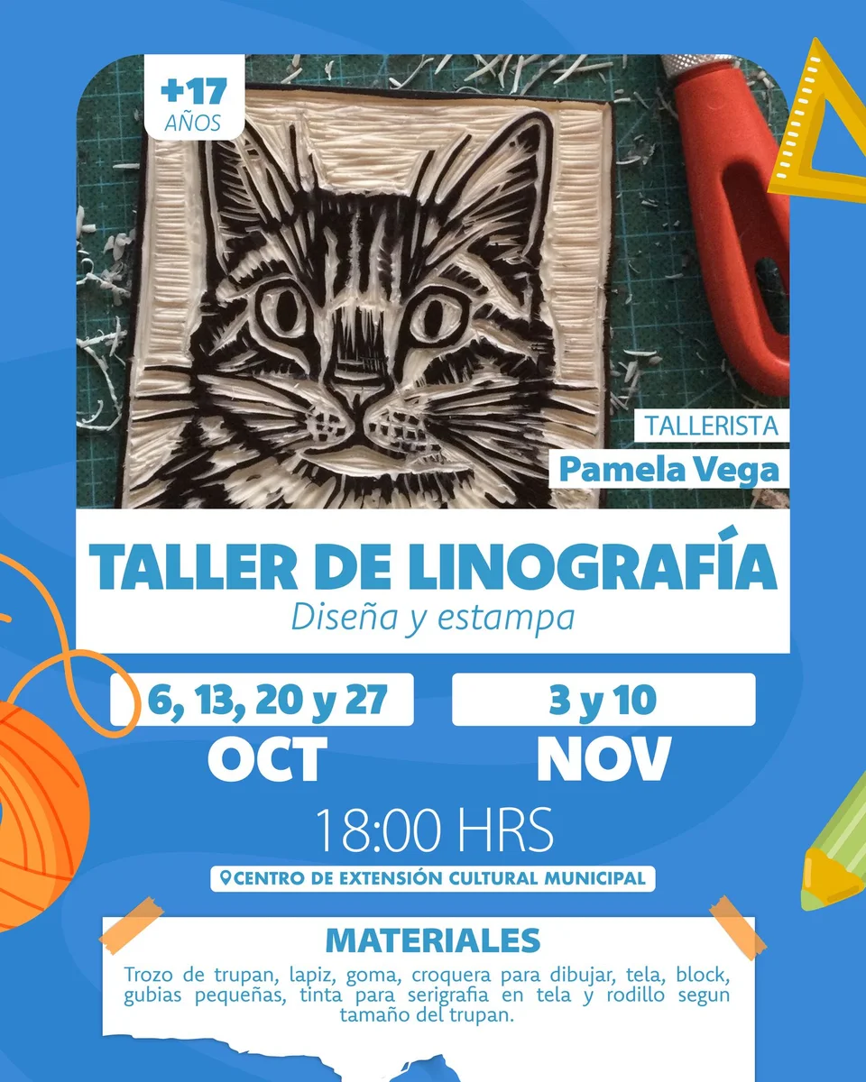 Afiche de Taller de linografía · Diseña y estampa