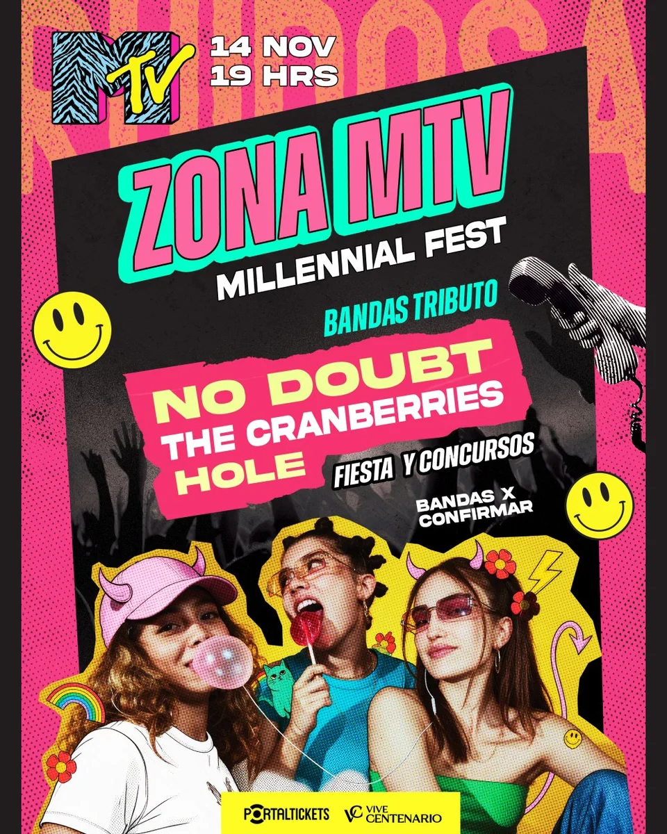 Afiche de Zona MTV · tributos a No Doubt, The Cranberries y Hole