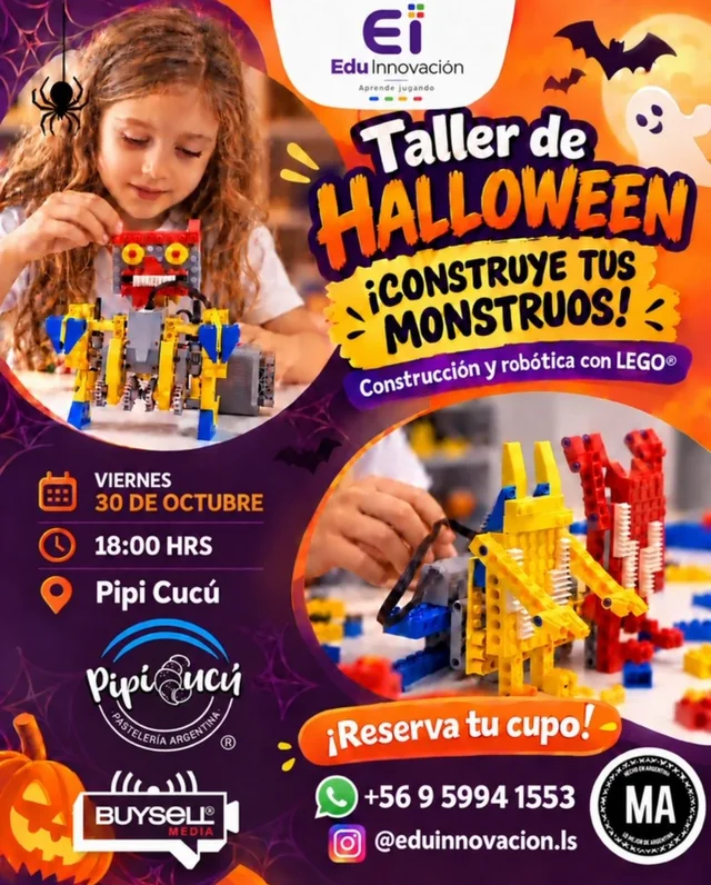 Afiche: Construcción y robótica con LEGO · monstruos de Halloween