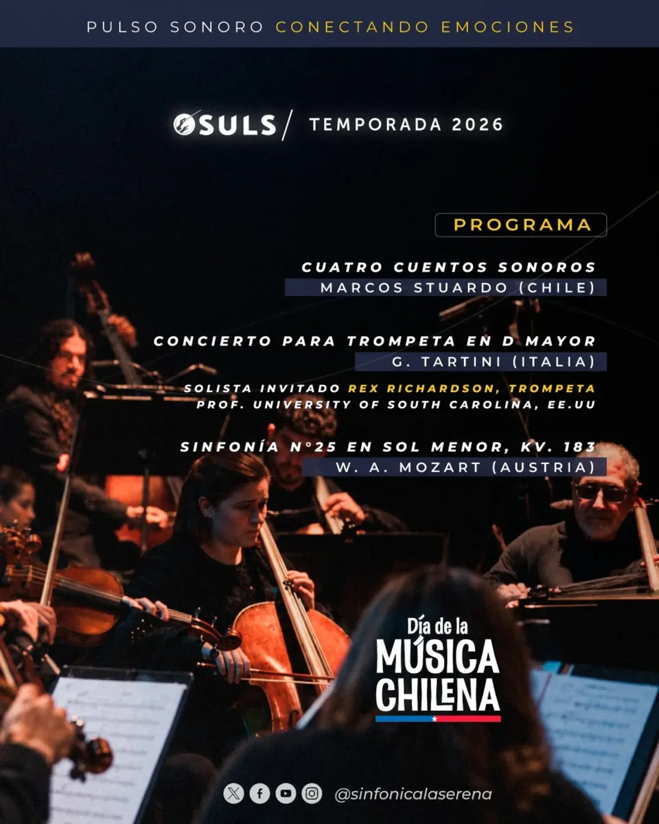 Programa del VII Concierto de Temporada OSULS 2026: obras de Marcos Stuardo, G. Tartini y W. A. Mozart