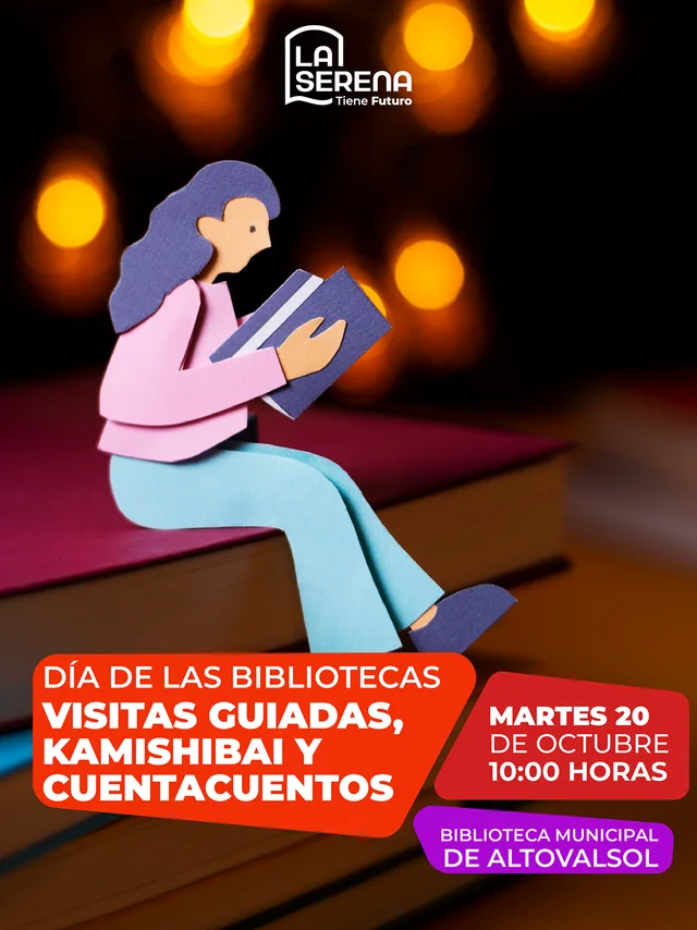 Afiche: Día de las Bibliotecas · visitas guiadas, kamishibai y cuentacuentos