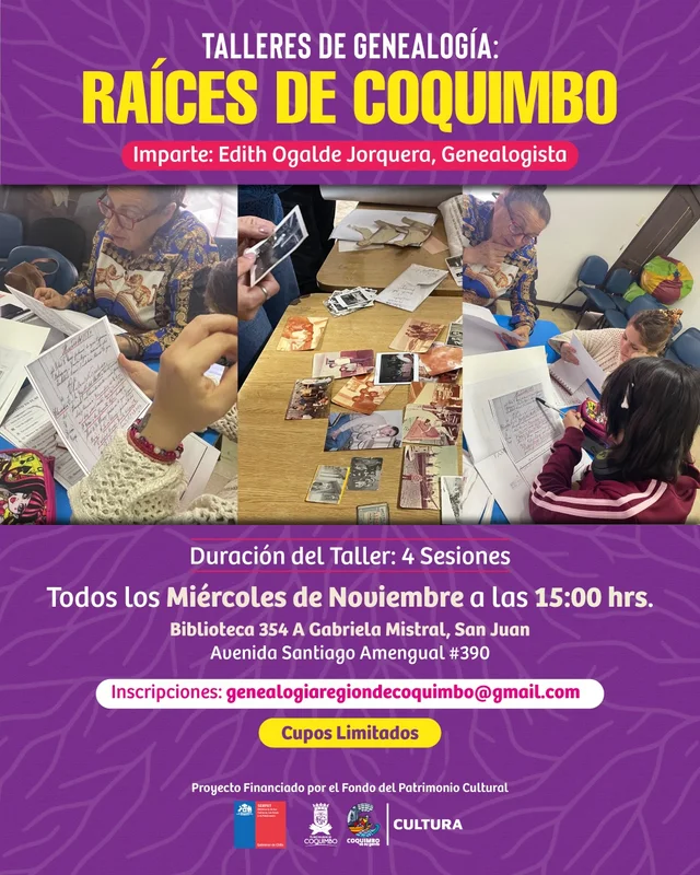 Afiche: Raíces de Coquimbo · taller de genealogía en San Juan