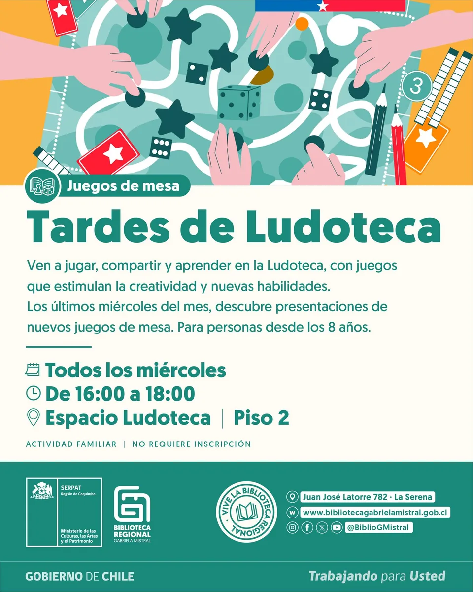 Afiche de Tardes de Ludoteca · Biblioteca Regional Gabriela Mistral