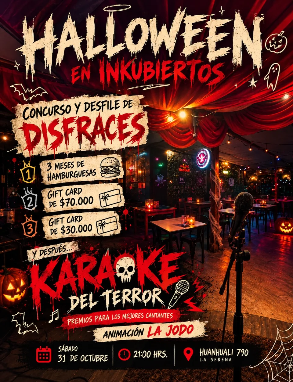Afiche de Halloween en INKubiertos · disfraces y karaoke