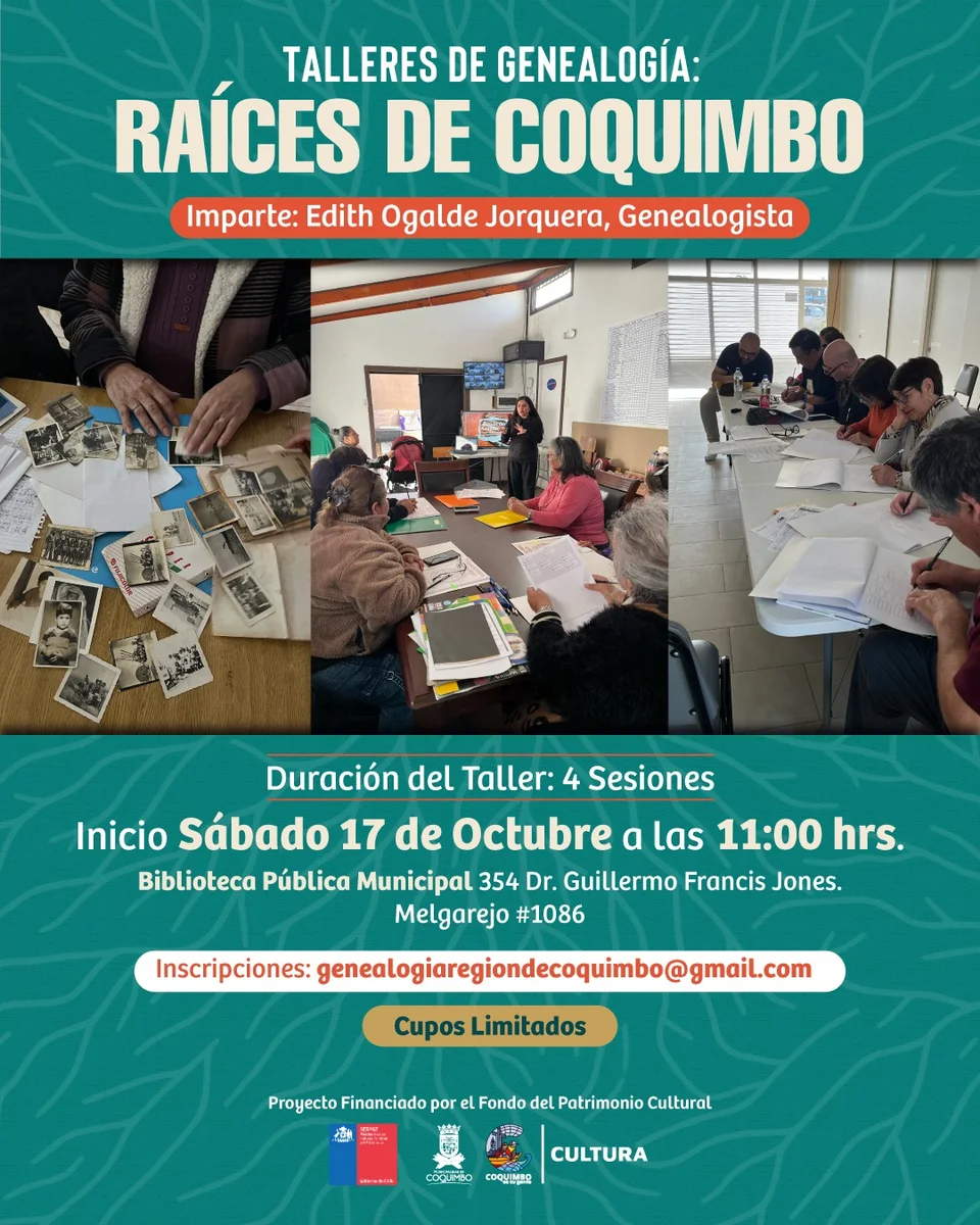 Afiche de Raíces de Coquimbo · inicio del taller de genealogía