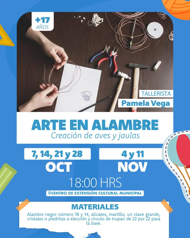 Afiche: Arte en alambre · Creación de aves y jaulas