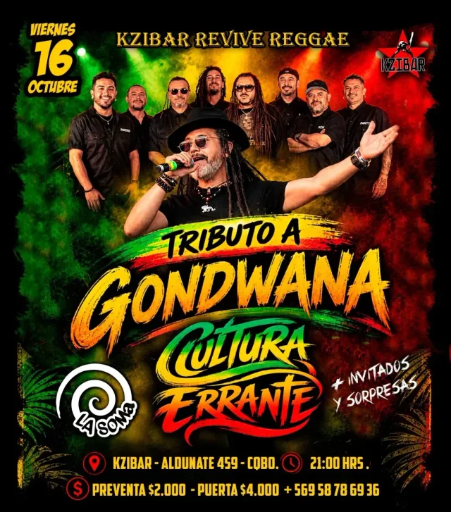 Afiche: Tributo a Gondwana · Cultura Errante y La Soma en Kzibar